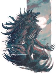 Rule 34 | 1other, absurdres, bloodborne, claws, cleric beast, from side, from software, full moon, hairy, highres, monster, moon, no humans, open mouth, outstretched arms, shimhaq, signature, spread arms, teeth, tongue