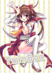 Rule 34 | 1girl, bad id, bad pixiv id, brown hair, clog sandals, detached sleeves, female focus, full body, hakurei reimu, japanese clothes, long hair, miko, panties, pointing, ponytail, red eyes, sandals, solo, sousouman, thighhighs, touhou, underwear, white background, zouri