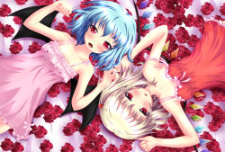 Rule 34 | 2girls, alternate costume, bare arms, bat wings, blonde hair, blue hair, blush, breasts, collarbone, dress, fang, female focus, flandre scarlet, flower, hair ribbon, highres, looking at viewer, lying, medium breasts, multiple girls, neats, nightgown, off shoulder, on back, open mouth, pink dress, red eyes, red flower, red rose, remilia scarlet, ribbon, rose, siblings, side ponytail, sisters, small breasts, strap slip, touhou, wings
