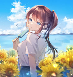 Rule 34 | 1girl, blue eyes, blue skirt, blue sky, breasts, brown hair, bubble, cloud, cloudy sky, commentary, flower, food, hair over shoulder, hand up, highres, holding, holding food, long hair, looking at viewer, looking back, mountain, original, parted lips, ponytail, popsicle, ragi (diabolik angle), school uniform, shirt, shirt tucked in, short sleeves, skirt, sky, small breasts, solo, sunflower, symbol-only commentary, twitter username, upper body, water, white shirt