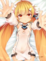 Rule 34 | 1girl, :o, ahoge, armpits, azur lane, bare shoulders, blonde hair, blurry, blush, depth of field, detached sleeves, eldridge (azur lane), female focus, foreshortening, fur trim, highres, long hair, looking at viewer, lying, masusemi semi, on back, outstretched arms, reaching, reaching towards viewer, solo, twintails, yellow eyes