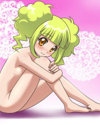 Rule 34 | 00s, 1girl, arisugawa aoi, armpits, awa, barefoot, blonde hair, blunt bangs, blush, completely nude, female focus, flat chest, hugging own legs, jewelpet, jewelpet (series), lace, legs, looking back, lowres, nude, on ground, orange eyes, shadow, short twintails, sitting, smile, solo, twintails