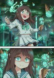 Rule 34 | 1girl, 2koma, absurdres, airi (blue archive), blue archive, blue sailor collar, brown hair, building, cloud, cloudy sky, comic, devil yanghyeok, food, food-themed hair ornament, green eyes, hair ornament, halo, highres, holding, holding food, ice cream, ice cream cone, ice cream hair ornament, korean commentary, long hair, long sleeves, looking at viewer, mint chocolate, monster, one side up, open mouth, pleated skirt, sailor collar, school uniform, serafuku, shaded face, skirt, sky, smile