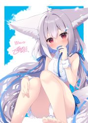 Rule 34 | 1girl, ahoge, animal ear fluff, animal ears, bare shoulders, commentary request, commission, commissioner upload, ears down, fox ears, fox girl, fox tail, highres, large ears, long hair, looking at viewer, nanamomo rio, original, red eyes, sakurada shiro (hy plus), shirt, skeb commission, skirt, solo, tail, very long hair, white hair, white shirt
