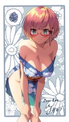 Rule 34 | 1girl, bad id, bad twitter id, bare shoulders, blonde hair, blue eyes, blue kimono, blush, bokutachi wa benkyou ga dekinai, bow, breasts, cleavage, closed mouth, collarbone, commission, embarrassed, floral print, fujiya takao, glasses, groin, hair bow, highres, japanese clothes, kimono, knees together feet apart, large breasts, leaning forward, looking at viewer, no bra, no panties, obi, off shoulder, ogata rizu, outside border, red-framed eyewear, sash, semi-rimless eyewear, short hair, side slit, sidelocks, solo, spoken squiggle, squiggle, standing, tearing up, tears, thighs, wavy mouth