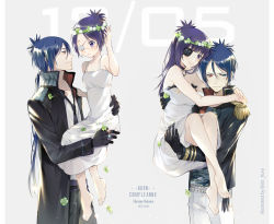 Rule 34 | 1boy, 1girl, barefoot, belt, black gloves, blue hair, breasts, carrying, chrome dokuro, cleavage, clover, coat, collarbone, couple, dated, dress, dual persona, ekita kuro, epaulettes, eyepatch, gloves, happy birthday, head wreath, heterochromia, highres, jewelry, katekyo hitman reborn!, looking at another, necktie, aged up, open clothes, open coat, pants, ponytail, princess carry, purple eyes, purple hair, red eyes, ring, rokudou mukuro, simple background, studded belt, time paradox, white pants