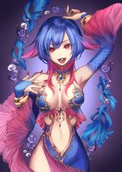Rule 34 | 1girl, air bubble, animal, armpits, bare shoulders, beads, blue hair, bracer, breasts, bridal gauntlets, center opening, commentary request, cowboy shot, crystal, detached collar, detached sleeves, eyelashes, fins, fish, gem, hair flaps, in mouth, jewelry, koushi rokushiro, looking at viewer, medium breasts, multicolored hair, navel, original, personification, pink hair, purple background, red eyes, ring, scales, skin tight, slit pupils, stomach, two-tone hair