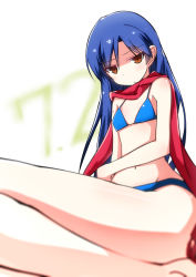 Rule 34 | 1girl, 72, annoyed, arm around waist, ass, bare shoulders, barefoot, bikini, blue bikini, blue hair, breasts, brown eyes, cleavage, feet, flat chest, from below, idolmaster, idolmaster (classic), kisaragi chihaya, legs, legs together, long hair, long scarf, looking at viewer, midriff, namco, navel, neck, red scarf, sagamihara sakyou, scarf, shaded face, shiny skin, simple background, sitting, solo, swimsuit, thighs, white background