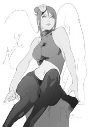 Rule 34 | 1girl, bare shoulders, breasts, closed mouth, eyeshadow, flower, greyscale, hair flower, hair ornament, highres, konan (naruto), labret piercing, large breasts, lips, lipstick, looking at viewer, makeup, midriff, monochrome, naruto (series), navel, navel piercing, pants, piercing, short hair, sitting, sketch, sleeveless, solo, tight clothes, tight pants, wings, zifletts, zipper pull tab