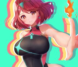 Rule 34 | 1girl, breasts, edamameoka, fire, highres, large breasts, looking at viewer, one-piece swimsuit, pyra (pro swimmer) (xenoblade), pyra (xenoblade), red eyes, red hair, short hair, smile, solo, swimsuit, xenoblade chronicles (series), xenoblade chronicles 2
