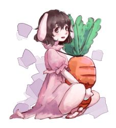 Rule 34 | 1girl, animal ears, carrot, carrot necklace, dress, floppy ears, highres, hoshibuchi, inaba tewi, jewelry, necklace, pendant, pink dress, rabbit ears, sitting, sketch, solo, touhou