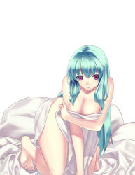 Rule 34 | 1girl, agarest senki, agarest senki (series), agarest senki 2, aqua hair, barefoot, bed, bed sheet, bent over, breast hold, breasts, cleavage, covering privates, feet, hirano katsuyuki, long hair, lowres, naked sheet, naughty face, nude, nude cover, official art, purple eyes, smile, solo, thick thighs, thighs, very long hair, victoria (agarest senki)