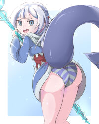 Rule 34 | 1girl, animal costume, animal hood, artist request, ass, ass focus, blue eyes, blue hair, blush, fish tail, from behind, gawr gura, hololive, hood, huge ass, leaning, leaning forward, long hair, looking at viewer, open mouth, panties, polearm, shark costume, shark hood, shark tail, sharp teeth, smile, solo, striped, striped panties, tail, teeth, trident, underwear, virtual youtuber, weapon