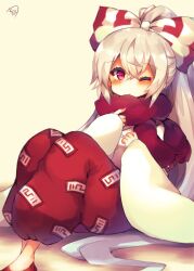 Rule 34 | 1girl, ;/, blush, bow, closed mouth, commentary request, fujiwara no mokou, full body, hair between eyes, hair bow, hands up, highres, long hair, looking at viewer, muuran, ofuda, ofuda on clothes, one eye closed, pants, ponytail, red eyes, red footwear, red pants, red scarf, scarf, shirt, shoes, signature, simple background, solo, touhou, white background, white bow, white hair, white shirt, wide sleeves