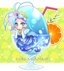 Rule 34 | 1girl, blue eyes, blue hair, blush, boots, cure mermaid, earrings, elbow gloves, fingerless gloves, gloves, go! princess precure, hands on own cheeks, hands on own face, jewelry, kaidou minami, long hair, magical girl, midriff, multicolored hair, nakamura hinato, navel, oversized object, precure, purple hair, shell, shell earrings, smile, solo, streaked hair, two-tone hair, white gloves