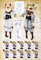 Rule 34 | 1girl, ^ ^, absurdres, atelier (series), atelier rorona, bare shoulders, blonde hair, blush, boots, bustier, character sheet, closed eyes, concept art, detached sleeves, expressions, closed eyes, female focus, green eyes, hair ribbon, highres, kishida mel, lionela heinze, midriff, multiple views, non-web source, official art, ribbon, simple background, smile, turnaround, twintails