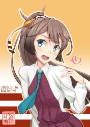 Rule 34 | 1girl, absurdres, artist logo, bad id, bad pixiv id, brown hair, cowboy shot, dated, dress, gradient background, grey eyes, hair ribbon, halterneck, highres, kantai collection, kazagumo (kancolle), long hair, looking at viewer, multicolored background, necktie, open mouth, ponytail, ribbon, school uniform, shirt, sleeveless, sleeveless dress, solo, teeth, upper teeth only, white shirt, yellow background, yunoji yusuke