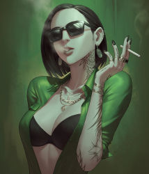 Rule 34 | 1girl, arm tattoo, black hair, black nails, blouse, bracelet, breasts, cigarette, cleavage, commentary, earrings, english commentary, finger tattoo, fingernails, green background, green shirt, highres, holding, holding cigarette, jewelry, lip piercing, lips, looking at viewer, medium breasts, nail polish, neck tattoo, necklace, nuker (nukerdraws), open clothes, open shirt, original, piercing, shirt, short hair, smoking, solo, sunglasses, tattoo, upper body