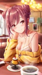 Rule 34 | 1girl, absurdres, alternate hairstyle, blush, breasts, brown hair, cleavage, closed mouth, collarbone, cup, desk, double bun, earrings, elbow rest, food, hair bun, hand on own cheek, hand on own face, head rest, highres, idolmaster, idolmaster shiny colors, indoors, jewelry, long hair, long sleeves, looking at viewer, masuku (saint mask), necklace, off shoulder, osaki amana, pudding, sitting, smile, solo, sweater, swept bangs, table, yellow eyes