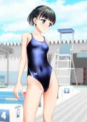 Rule 34 | 1girl, absurdres, black hair, blue one-piece swimsuit, blue sky, brown eyes, cameltoe, clothes writing, cloud, commentary request, competition swimsuit, contrapposto, cowboy shot, day, facial hair, half updo, highres, lifeguard chair, looking to the side, one-piece swimsuit, original, outdoors, pubic hair, pubic hair peek, pubic stubble, short hair, sky, solo, standing, stubble, swimsuit, takafumi