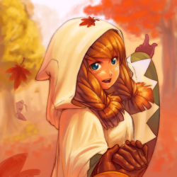Rule 34 | 1girl, autumn leaves, bad id, bad pixiv id, blonde hair, blue eyes, braid, commentary, final fantasy, final fantasy tactics, gloves, holding hands, hood, leaf, long hair, momigara (mmgrkmnk), open mouth, orange theme, outdoors, robe, smile, solo focus, tree, twin braids, twintails, white mage, white mage (fft), white mage (final fantasy)