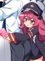Rule 34 | 1boy, 1girl, armband, artificial vagina, assertive female, blue archive, blush, cap, erection, formal, from behind, handjob, head out of frame, height difference, hetero, highres, iroha (blue archive), military, military uniform, necktie, penis, purple eyes, red hair, sex toy, shirt, smile, uniform