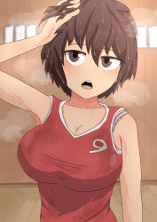 Rule 34 | 1girl, absurdres, amamitsu9, arm up, armpits, bra strap, breasts, brown hair, cleavage, collarbone, commentary, gym, hair between eyes, hand in own hair, highres, indoors, large breasts, numbered, open mouth, original, short hair, sleeveless, sportswear, steam, steaming body, sweat, sweaty clothes, tank top, tomboy, upper body, wet, wet hair, window