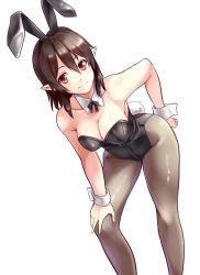 Rule 34 | 1girl, animal ears, bare arms, bare shoulders, bent over, black pantyhose, breasts, brown hair, chaigidhiell, cleavage, collarbone, fake animal ears, highres, leotard, looking at viewer, pantyhose, playboy bunny, pointy ears, rabbit ears, rabbit tail, red eyes, shameimaru aya, smile, solo, tail, touhou, wrist cuffs