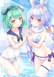Rule 34 | 2girls, alternate costume, animal ears, bare arms, bare shoulders, bikini, blue hair, bow, braid, day, double bun, dress, green hair, grin, hair bow, hair bun, highres, holding hands, hololive, lens flare, long hair, looking at viewer, low twintails, multiple girls, navel, open mouth, outdoors, rabbit ears, red eyes, sailor collar, sailor dress, see-through, side-tie bikini bottom, sleeveless, sleeveless dress, smile, stomach, striped bikini, striped clothes, sunlight, swimsuit, thigh strap, thighs, twin braids, twintails, uruha rushia, usada pekora, very long hair, virtual youtuber, wading, water, white bikini, yuano
