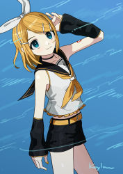 Rule 34 | absurdres, aqua eyes, ascot, bare shoulders, blonde hair, blue background, blue eyes, bow, collarbone, detached sleeves, flat chest, hair bow, hair ornament, hairclip, headphones, headset, highres, kagamine rin, keylow, looking at viewer, midriff, nail polish, neckerchief, sailor collar, sailor shirt, shirt, shorts, shoulder tattoo, sleeveless, sleeveless shirt, smile, tattoo, treble clef, vocaloid, white bow, yellow ascot, yellow nails, yellow neckerchief