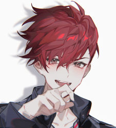 Rule 34 | 1boy, black jacket, blush, buried stars, chinese commentary, commentary, fangs, hand up, highres, jacket, long sleeves, looking at viewer, male focus, open mouth, pink eyes, red hair, seo hyesung, shadow, short hair, simple background, solo, teeth, white background, yusa (yusa0751)