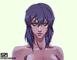 Rule 34 | 1girl, commentary, cyberpunk, cyborg, english commentary, ghost in the shell, green eyes, kusanagi motoko, looking at viewer, mullet, purple hair, science fiction, signature, simple background, solo, suppa-rider, upper body