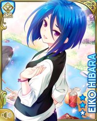 Rule 34 | 1girl, black vest, blue hair, blue pants, card, character name, day, denim, girlfriend (kari), hibara eiko, jeans, looking at viewer, official art, open mouth, outdoors, pants, purple eyes, qp:flapper, shirt, short hair, smile, solo, standing, vest, white shirt