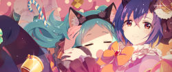 Rule 34 | 2girls, animal ear fluff, animal ears, apron, aqua hair, bandages, blue hair, bow, bowtie, broken horn, brooch, candy, candy cane, closed eyes, commentary request, cookie, crossed bangs, crown, fake animal ears, fang, food, frilled apron, frills, hair between eyes, hairband, hand on another&#039;s head, highres, horns, jewelry, long hair, mini crown, miyako (halloween) (princess connect!), miyako (princess connect!), mole, mole under eye, multiple girls, open mouth, princess connect!, red eyes, shinobu (halloween) (princess connect!), shinobu (princess connect!), short hair, yuuki tatsuya