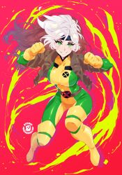 Rule 34 | 1girl, artist name, atomicmrshmallw, black headband, bodysuit, boots, breasts, brown jacket, cropped jacket, full body, gloves, green eyes, headband, highres, jacket, large breasts, long hair, looking at viewer, marvel, multicolored hair, open clothes, open jacket, rogue (x-men), smile, solo, standing, white hair, x-men, x-men: the animated series, yellow gloves