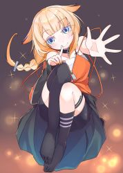 Rule 34 | 1girl, absurdres, bare shoulders, black thighhighs, blonde hair, blue eyes, blush, braid, cevio, choker, commentary, full body, hair flaps, highres, index finger raised, lights, long hair, looking at viewer, no shoes, one (cevio), open hand, outstretched hand, single braid, single sleeve, single thighhigh, skirt, sleeveless, socks, solo, thighhighs, yatsuzuka spina