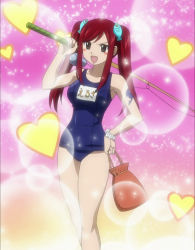 Rule 34 | 1girl, body switch, erza scarlet, fairy tail, fish hair ornament, fishing rod, hair ornament, happy (fairy tail), highres, one-piece swimsuit, personality switch, pink background, red hair, school swimsuit, screencap, short twintails, solo, stitched, swimsuit, third-party edit, twintails