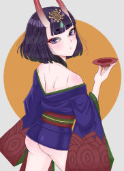 Rule 34 | 1girl, ass, back, bare shoulders, bob cut, breasts, cup, eyeliner, fate/grand order, fate (series), headpiece, highres, horns, japanese clothes, kimono, long sleeves, looking at viewer, makeup, off shoulder, oni, purple eyes, purple hair, purple kimono, revealing clothes, sakazuki, short hair, shuten douji (fate), skin-covered horns, small breasts, solo, ten kogane, wide sleeves