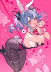Rule 34 | 1girl, :d, animal ears, ass, black footwear, black leotard, black pantyhose, blue eyes, blue hair, blush, bound, bound wrists, bow, bowtie, breasts, cleavage, detached collar, fake animal ears, fake tail, fang, feet up, fishnet pantyhose, fishnets, floating hair, from side, full body, hair intakes, hairband, hatsune miku, heart, high heels, highres, large breasts, legs together, leotard, looking at viewer, miyako (xxxbibit), nail polish, open mouth, own hands together, pantyhose, pink background, pink nails, playboy bunny, rabbit ears, rabbit hole (vocaloid), rabbit tail, red bow, red bowtie, ribbon, ribbon bondage, short hair, short twintails, sidelocks, simple background, skin fang, skindentation, smile, solo, spoken heart, sweat, tail, teardrop facial mark, thick thighs, thigh strap, thighs, tongue, tongue out, twintails, vocaloid, white hairband