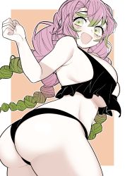 Rule 34 | 1girl, :d, absurdres, alternate costume, ass, ass focus, bikini, black bikini, breasts, from side, gradient hair, green eyes, green hair, hands up, highres, kanroji mitsuri, kimetsu no yaiba, large breasts, long hair, looking back, mole, mole under eye, multicolored hair, nadenade hutomomo, open mouth, orange background, pink hair, simple background, smile, solo, swimsuit, thighs, tri braids, two-tone background, underboob, white background