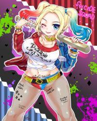 Rule 34 | 1girl, bad anatomy, bad id, bad twitter id, baseball bat, batman (series), belt, blonde hair, blue eyes, blue hair, blush, breasts, cleavage, curvy, dc comics, fishnet pantyhose, fishnets, gloves, gradient hair, harley quinn, jacket, jewelry, large breasts, pantyhose under shorts, lipstick, long hair, looking at viewer, makeup, matching hair/eyes, midriff, miyano ururu, multicolored clothes, multicolored hair, navel, pantyhose, pantyhose under shorts, red hair, shorts, smile, solo, standing, suicide squad, thick thighs, thighs, twintails