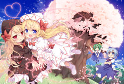 Rule 34 | 4girls, :o, ankle boots, ascot, baku-p, black dress, black footwear, black hat, blonde hair, blue bow, blue dress, blue eyes, blue footwear, blue hair, blue sky, blush, boots, bow, bowtie, breasts, cherry blossoms, cirno, closed mouth, cloud, collared shirt, commentary request, crossed arms, daiyousei, day, door, dress, fairy wings, flower, flying, grass, green eyes, green hair, hair between eyes, hair bow, hat, heart, heart of string, ice, ice wings, lily black, lily white, long hair, long sleeves, looking at viewer, multiple girls, neck ribbon, open mouth, outdoors, parted lips, pink flower, puffy short sleeves, puffy sleeves, reaching, reaching towards viewer, red bow, red eyes, red ribbon, ribbon, shirt, shoes, short sleeves, sky, sleeveless, sleeveless dress, small breasts, smile, spring (season), standing, touhou, transparent wings, tree, white dress, white footwear, white hat, white shirt, wide sleeves, wind, window, wings, yellow neckwear