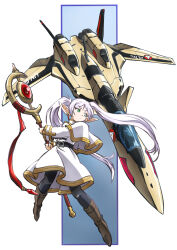 Rule 34 | 1girl, aircraft, airplane, black pantyhose, boots, brown footwear, capelet, commentary request, crossover, earrings, frieren, full body, green eyes, highres, holding, holding staff, jewelry, long hair, long sleeves, macross, macross plus, pantyhose, pointy ears, solo, sousou no frieren, staff, taiga hiroyuki, twintails, u.n. spacy, variable fighter, white hair, yf-19