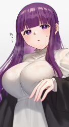 Rule 34 | 1girl, :o, breasts, commentary request, cut bangs, fern (sousou no frieren), highres, hoshimiya aki, large breasts, long hair, long sleeves, paid reward available, parted lips, purple eyes, purple hair, shirt, sidelocks, simple background, solo, sousou no frieren, straight hair, sweatdrop, translation request, white background, white shirt