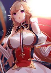 Rule 34 | 1girl, absurdres, azur lane, bare shoulders, breasts, cleavage, crown, detached sleeves, dress, fleur-de-lis, french flag, highres, medium breasts, mini crown, open mouth, orange hair, pink eyes, puffy sleeves, richelieu (azur lane), solo, white dress, yamaha tsui