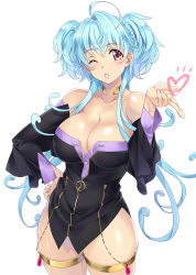 Rule 34 | 10s, 1girl, ;o, ahoge, aqua hair, bare shoulders, black dress, blowing kiss, blush, braid, breasts, cagliostro (symphogear), choker, cleavage, collarbone, cowboy shot, dark-skinned female, dark skin, detached sleeves, dress, female focus, hand on own hip, hand up, heart, highres, large breasts, long hair, long sleeves, looking at viewer, nagayori, neck, off-shoulder dress, off shoulder, one eye closed, parted lips, purple eyes, senki zesshou symphogear, shiny skin, short dress, sidelocks, simple background, smile, solo, standing, thighlet, two side up, white background, wink, yellow choker