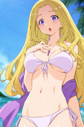 Rule 34 | 1girl, beach, bikini, blonde hair, blurry, blurry background, breasts, cleavage, cloud, day, from below, fuurin asumi, healin&#039; good precure, highres, jewelry, kazuma muramasa, large breasts, long hair, looking at viewer, navel, necklace, ocean, open mouth, outdoors, palm tree, precure, purple eyes, sky, solo, standing, swimsuit, tree, underboob, white bikini