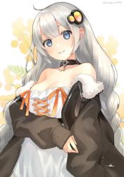 Rule 34 | 1girl, :d, bare shoulders, binchou maguro, black jacket, blue eyes, blush, braid, breasts, buckle, cleavage, collarbone, dress, fur-trimmed jacket, fur trim, grey hair, hair ornament, head tilt, jacket, kizuna akari, long hair, long sleeves, looking at viewer, open clothes, open jacket, open mouth, orange ribbon, parted lips, photoshop (medium), ribbon, sleeves past wrists, smile, strapless, strapless dress, twin braids, upper body, very long hair, voiceroid, white dress