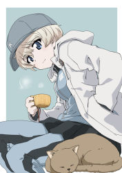 Rule 34 | 1girl, baseball cap, blue background, blue eyes, blue hat, blue jacket, blue pants, blue skirt, border, cat, closed mouth, coat, commentary, cup, girls und panzer, hand in pocket, hat, holding, holding cup, hood, hood down, hooded coat, jacket, kanau, keizoku military uniform, leaning forward, light smile, long sleeves, looking at viewer, military, military uniform, miniskirt, open clothes, open coat, outside border, pants, pants under skirt, pleated skirt, short hair, silver hair, single vertical stripe, sitting, skirt, solo, steam, track jacket, track pants, uniform, white border, white coat, youko (girls und panzer), zipper