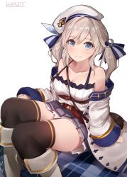 Rule 34 | 10s, 1girl, absurdres, artist name, bag, bare shoulders, beret, black thighhighs, blonde hair, blue eyes, blush, boots, breasts, cleavage, closed mouth, coat, collarbone, cucouroux (granblue fantasy), eyebrows, granblue fantasy, hair between eyes, hair ribbon, hat, highres, knee boots, long hair, long sleeves, looking at viewer, medium breasts, off shoulder, ribbon, shoulder bag, sidelocks, sitting, skirt, smile, solo, thighhighs, twintails, white footwear, yaman (yamanta lov)